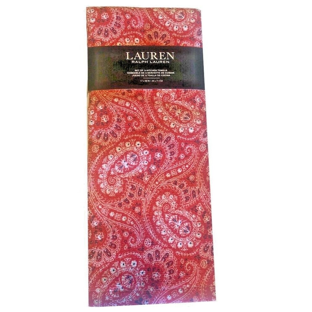 Ralph Lauren Kitchen Dish Towels July 4th Red Paisley Bandana Stars Set of 3